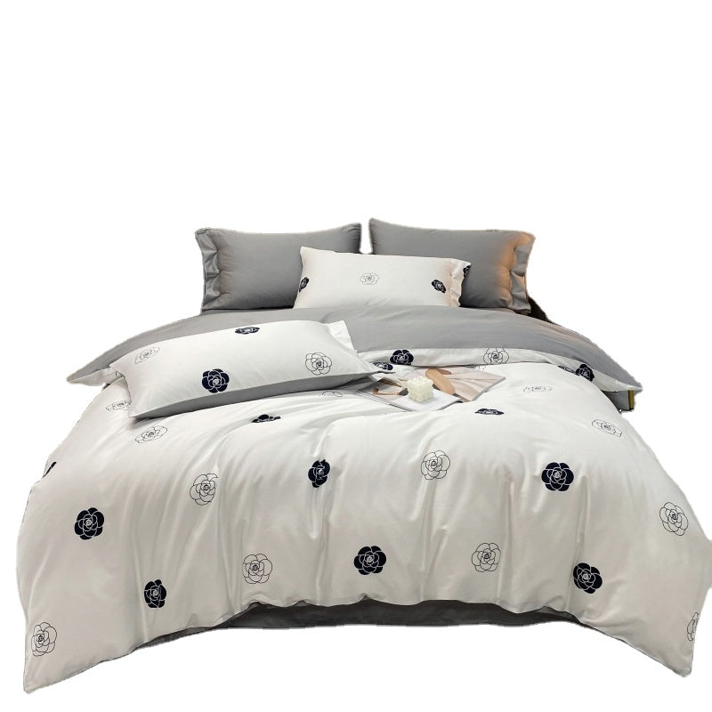 60s 100% Egyptian Organic Cotton White Gray Floral Pattern Bedding Sets