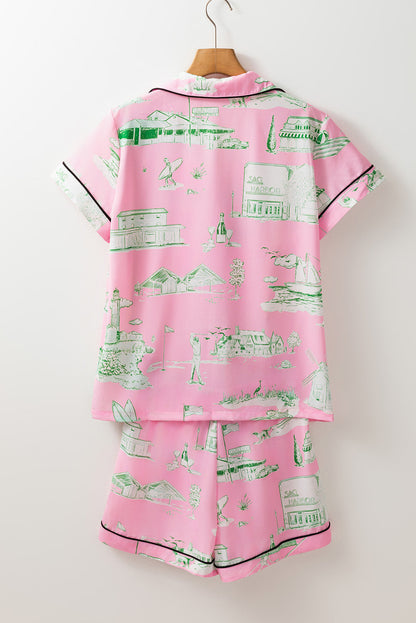 Collared Neck Printed Top and Drawstring Shorts Lounge Set- Wild and Free Boutique- {{Product type}}