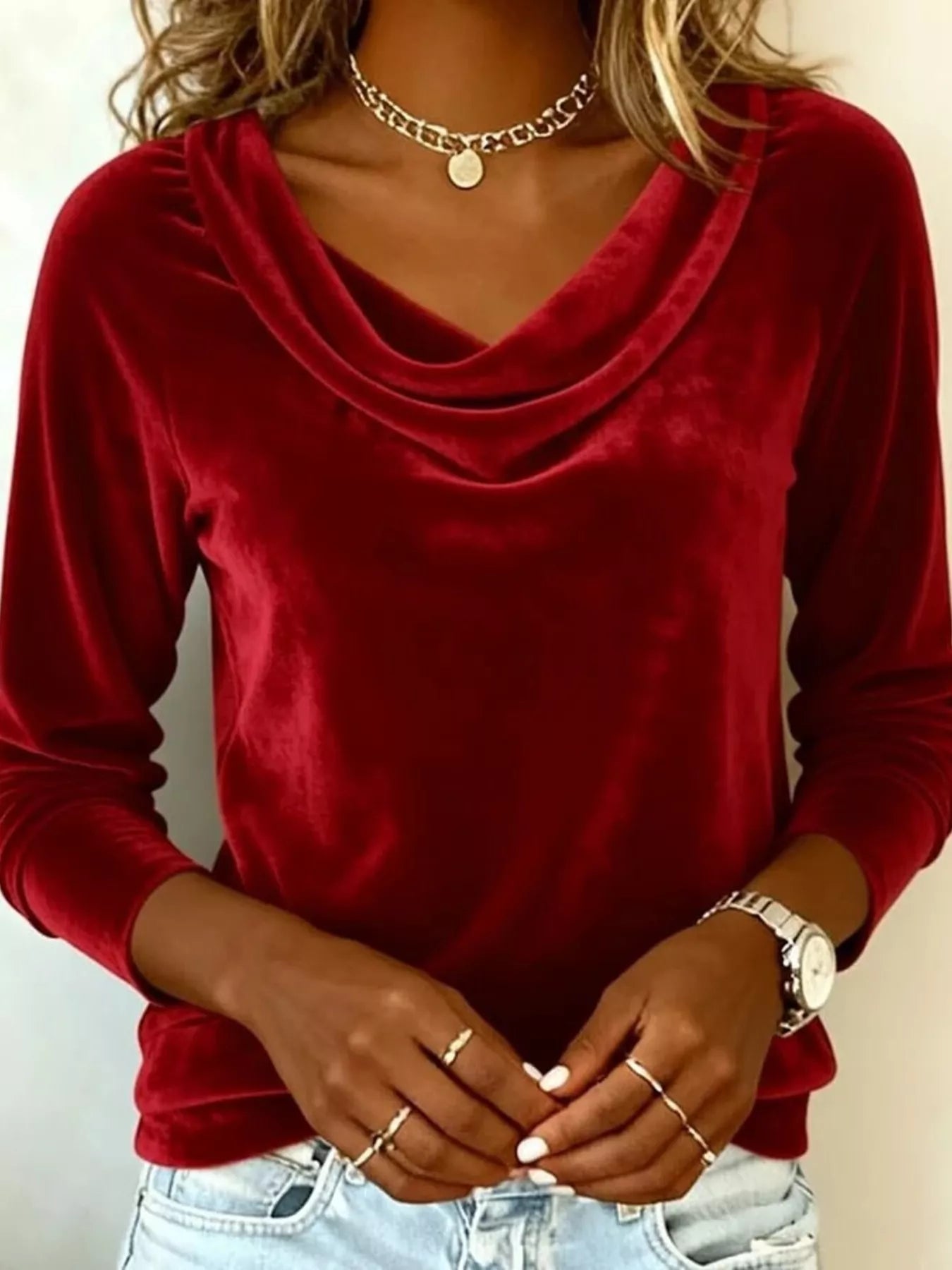 Velvet Cowl Neck Long Sleeve Top - -