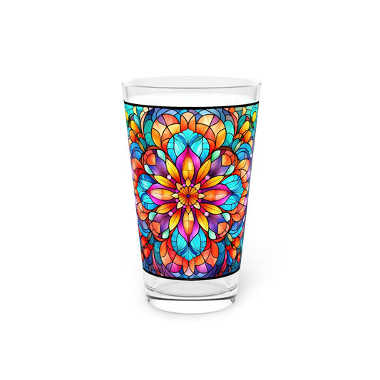 Blooming Beauty A Rainbow-Colored Flower Stained Glass 16oz Pint Glass - - drinkware