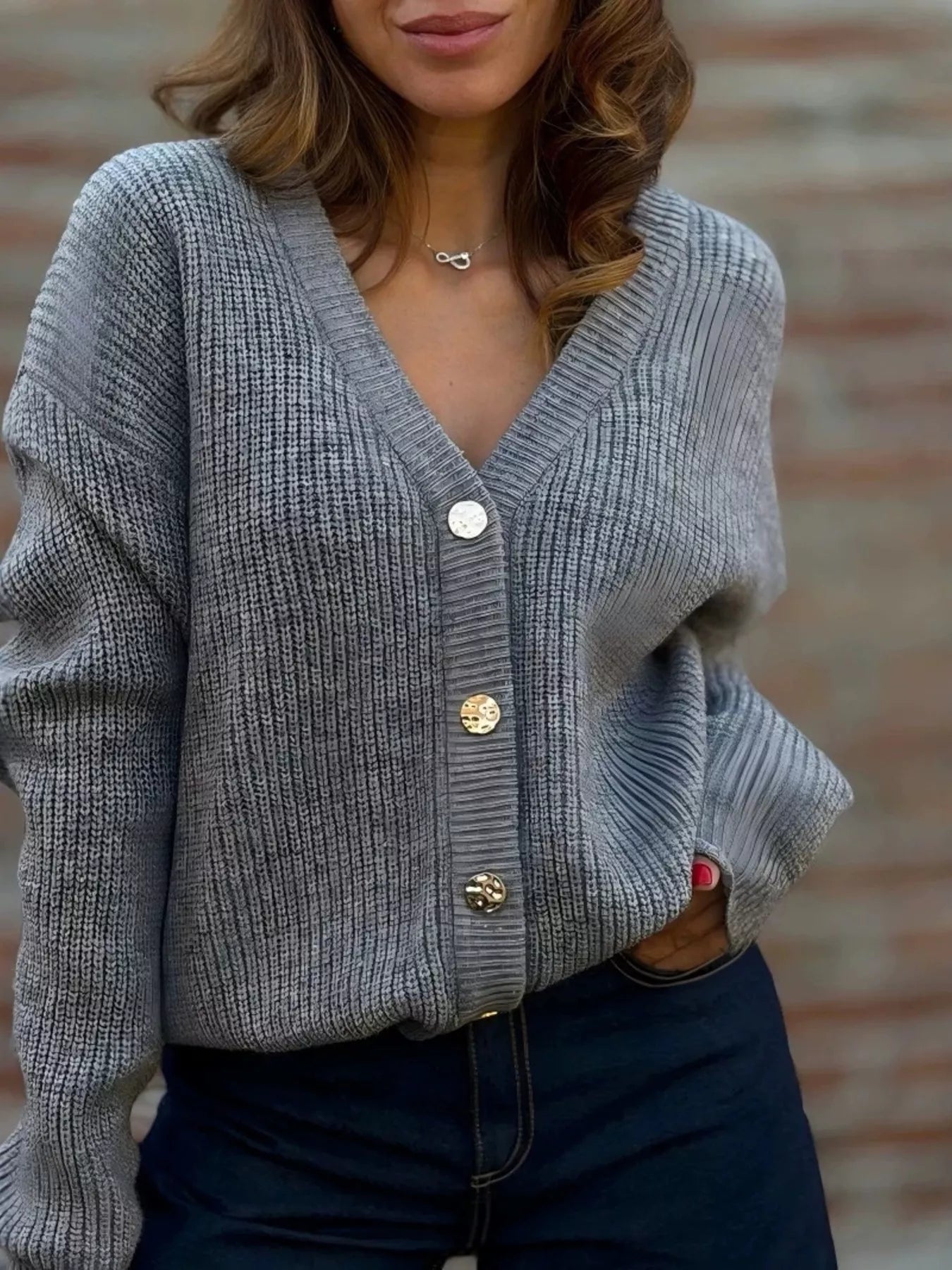 Full Size V-Neck Button-Up Knit Cardigan Plus Size - Dark Gray -