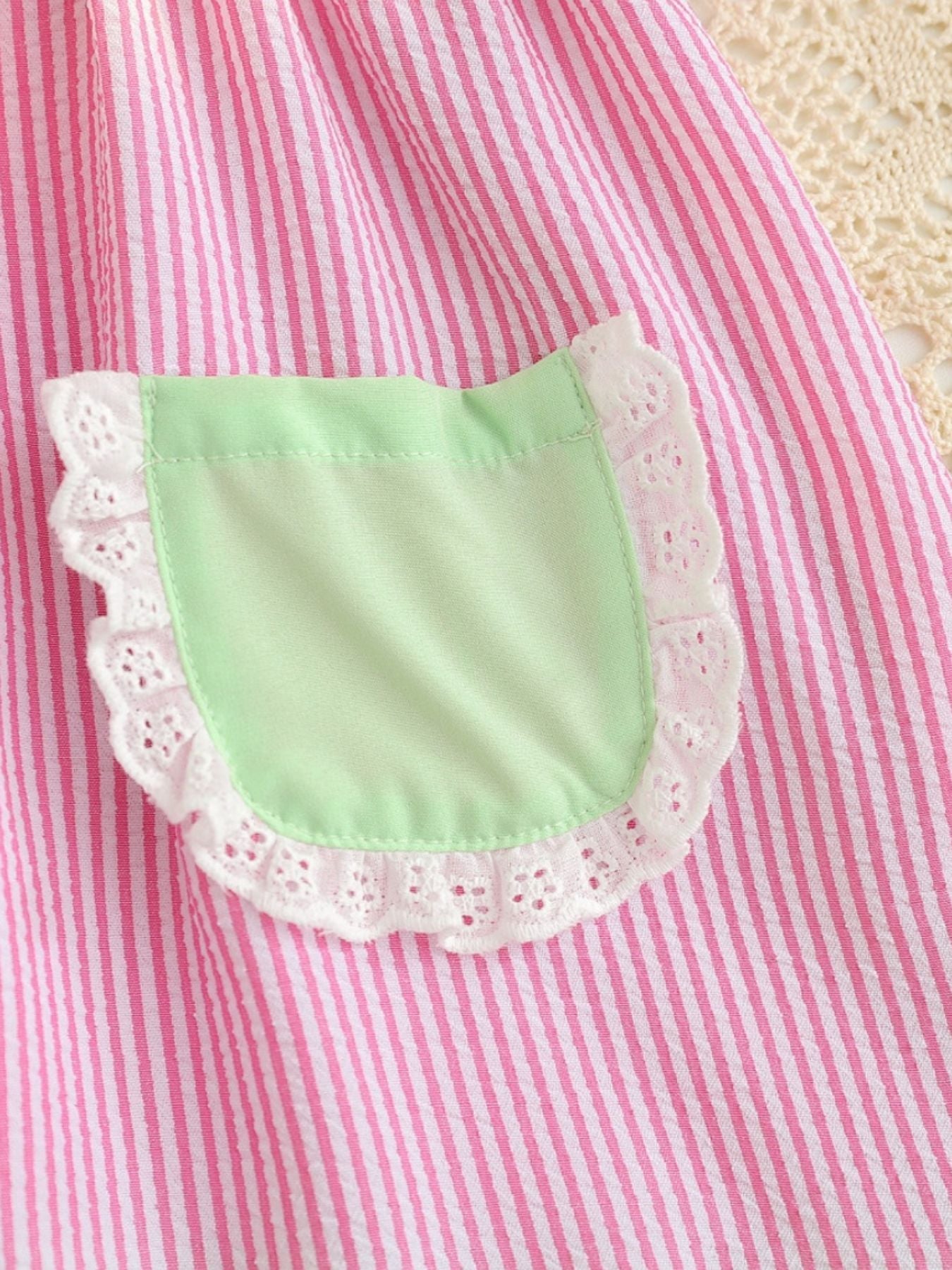 Children's Fruit Embroidered Striped Short Sleeve Dress - -