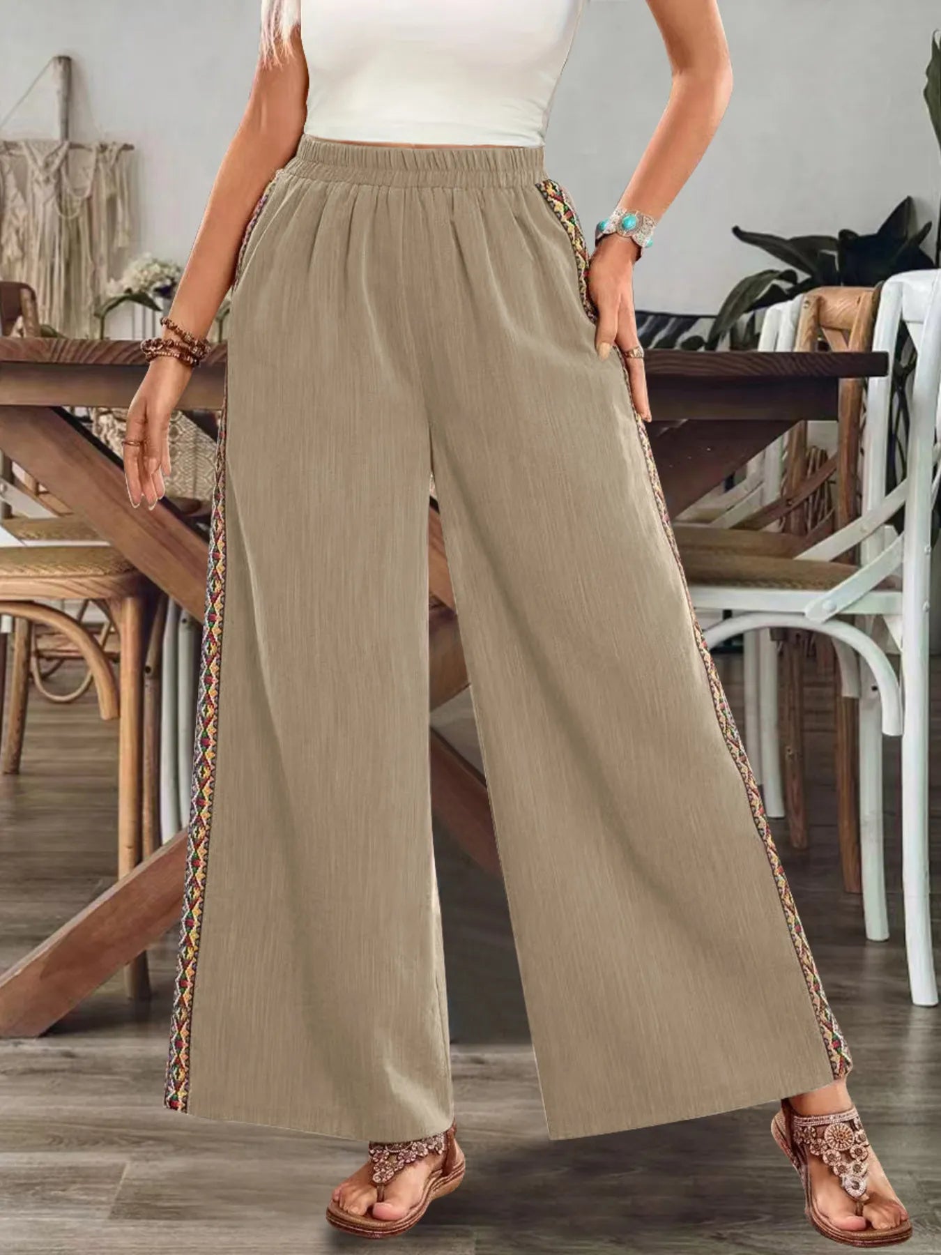 Bohemian Wide Leg Embroidered Side Stripe Pants - Khaki -