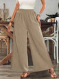 Bohemian Wide Leg Embroidered Side Stripe Pants - Khaki -