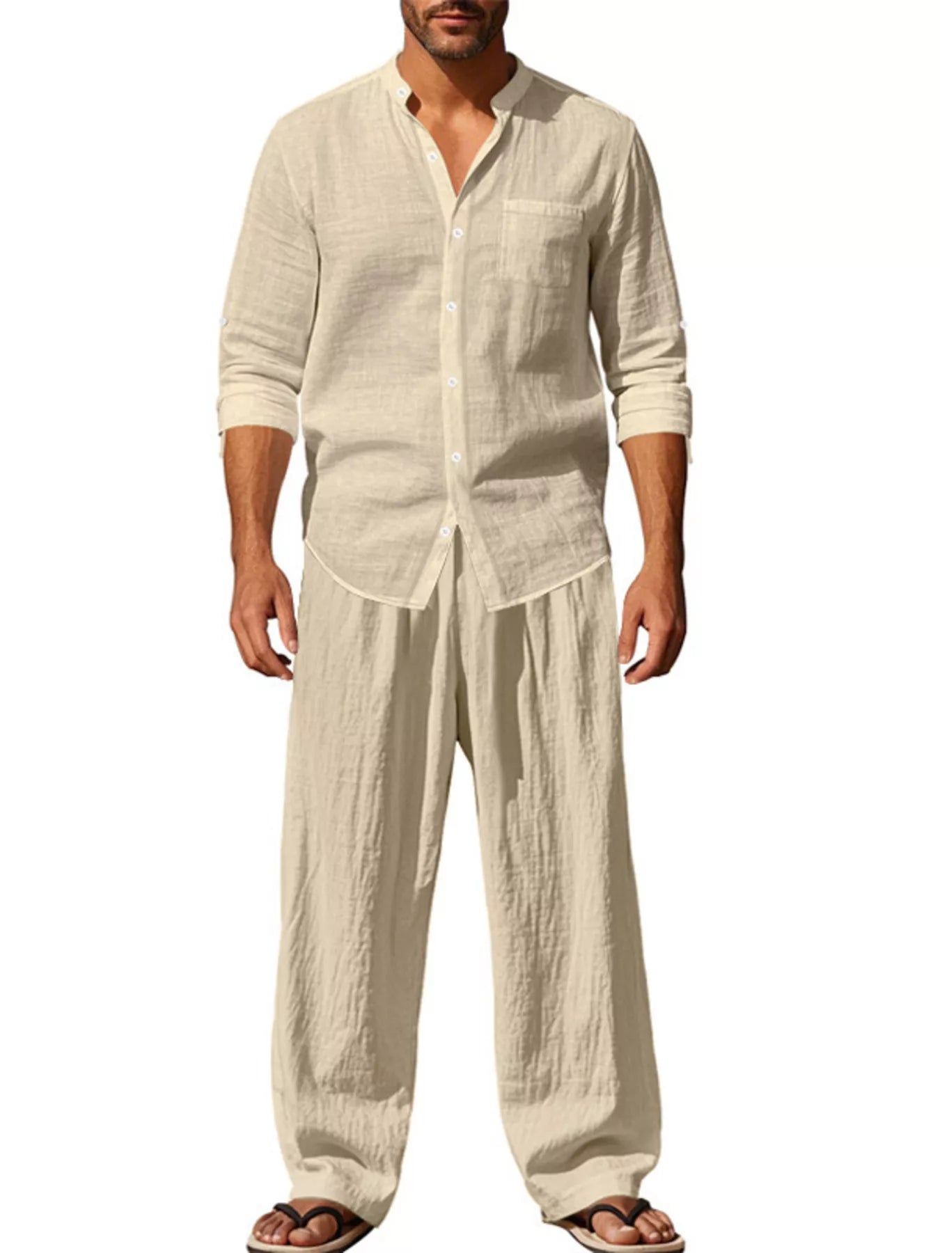 Men's Full Size Button Up Long Sleeve Shirt and Pants Plus Size - Khaki -