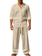 Men's Full Size Button Up Long Sleeve Shirt and Pants Plus Size - Khaki -