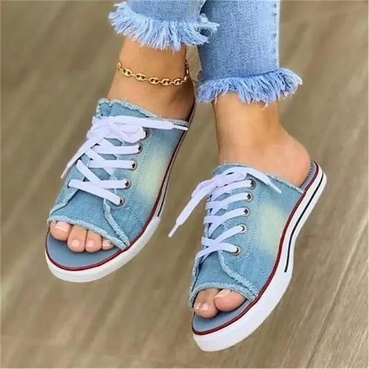 Summer Casual Canvas Shoes Peep Toe Lace Up Denim Ladies Flat Sandals