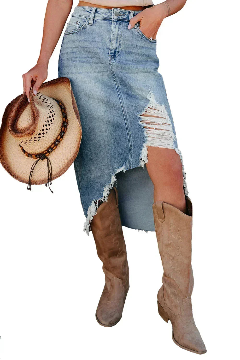 Myosotis Irregular Distressed Hem Denim Midi Skirt - Femstylo- Femstylo- {{Product type}}