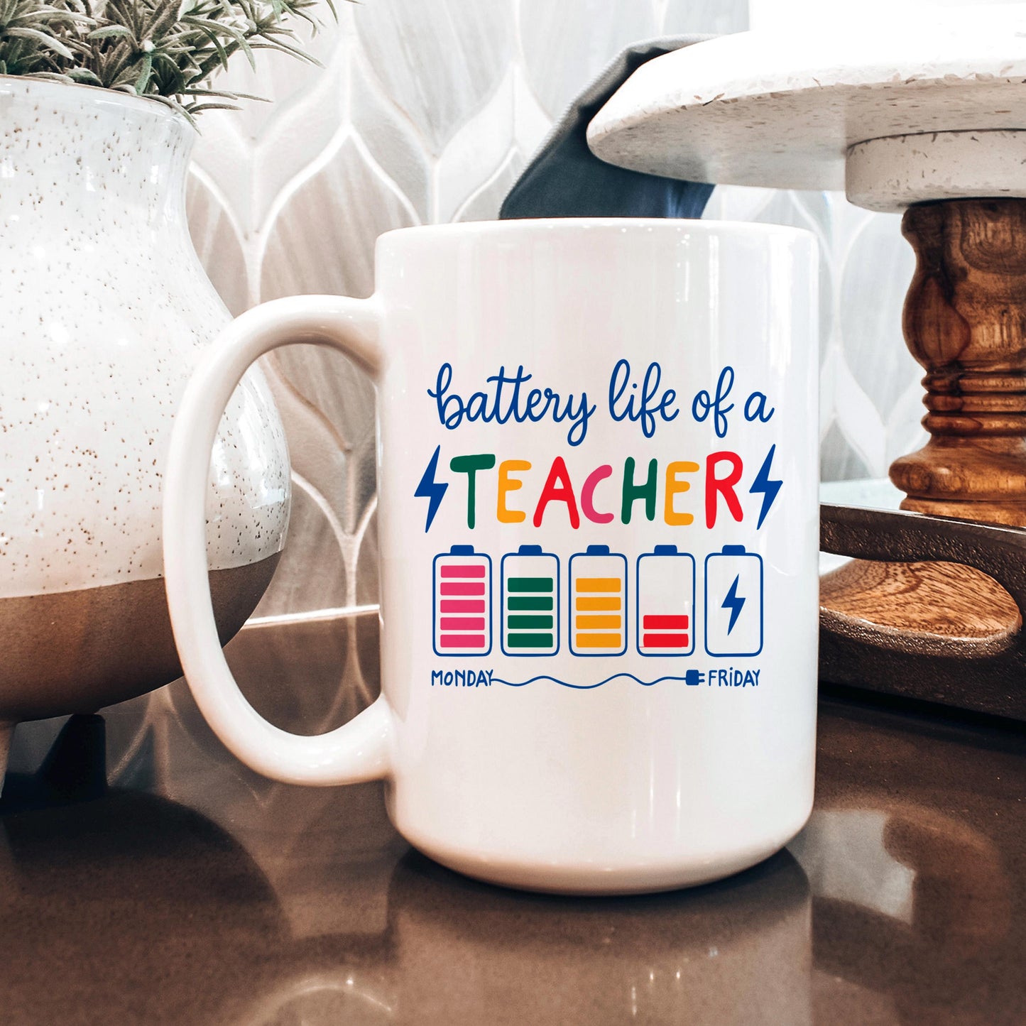 Funny Teacher Mug - Colorful Battery Graphic Ceramic Coffee Cup | Teacher Appreciation Gift - -