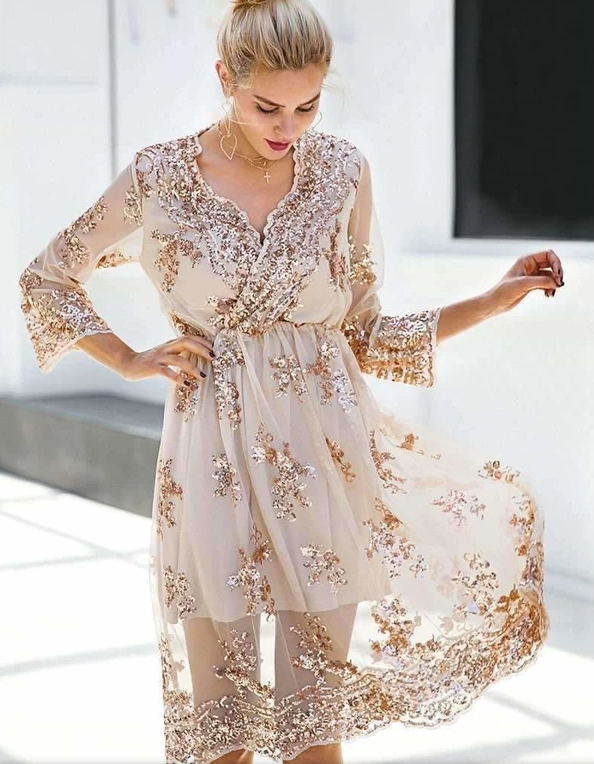 Sparkle Sequin Evening Dress - Beige M - dress