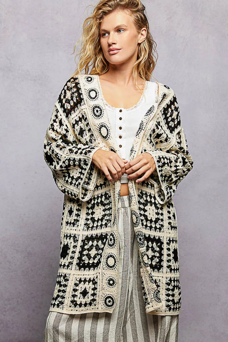 POL Black Granny Square Pattern Open Front Crochet Cardigan - BLACK MULTI One Size - Cardigans