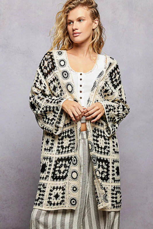 POL Open Front Crochet Cardigan with Granny Square Pattern - BLACK MULTI One Size -
