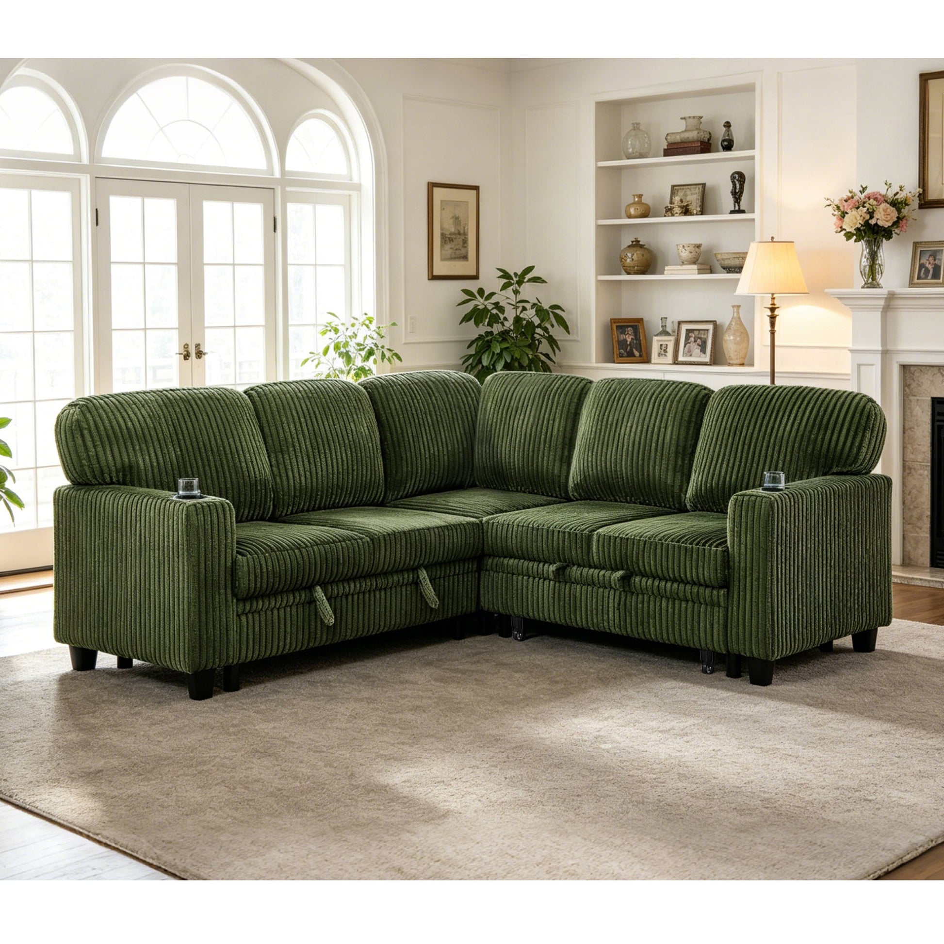 Sofa Bed L-Shape Corduroy Olive Green 5 Seat Pull-Out USB Ports 81 In- NIKKI CASA- {{Product type}}