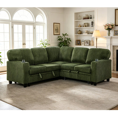 Sofa Bed L-Shape Corduroy Olive Green 5 Seat Pull-Out USB Ports 81 In- NIKKI CASA- {{Product type}}