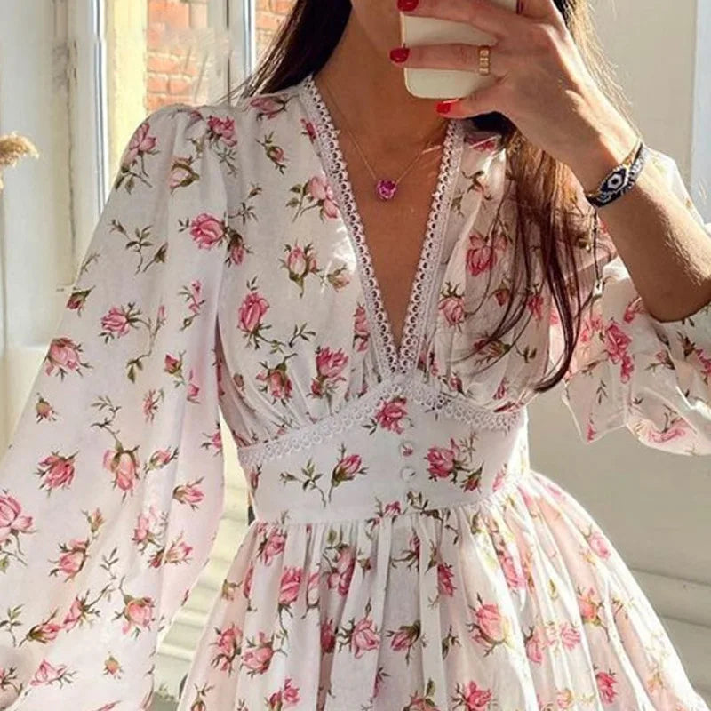 V-Neck Long Sleeve Chiffon Floral Dress