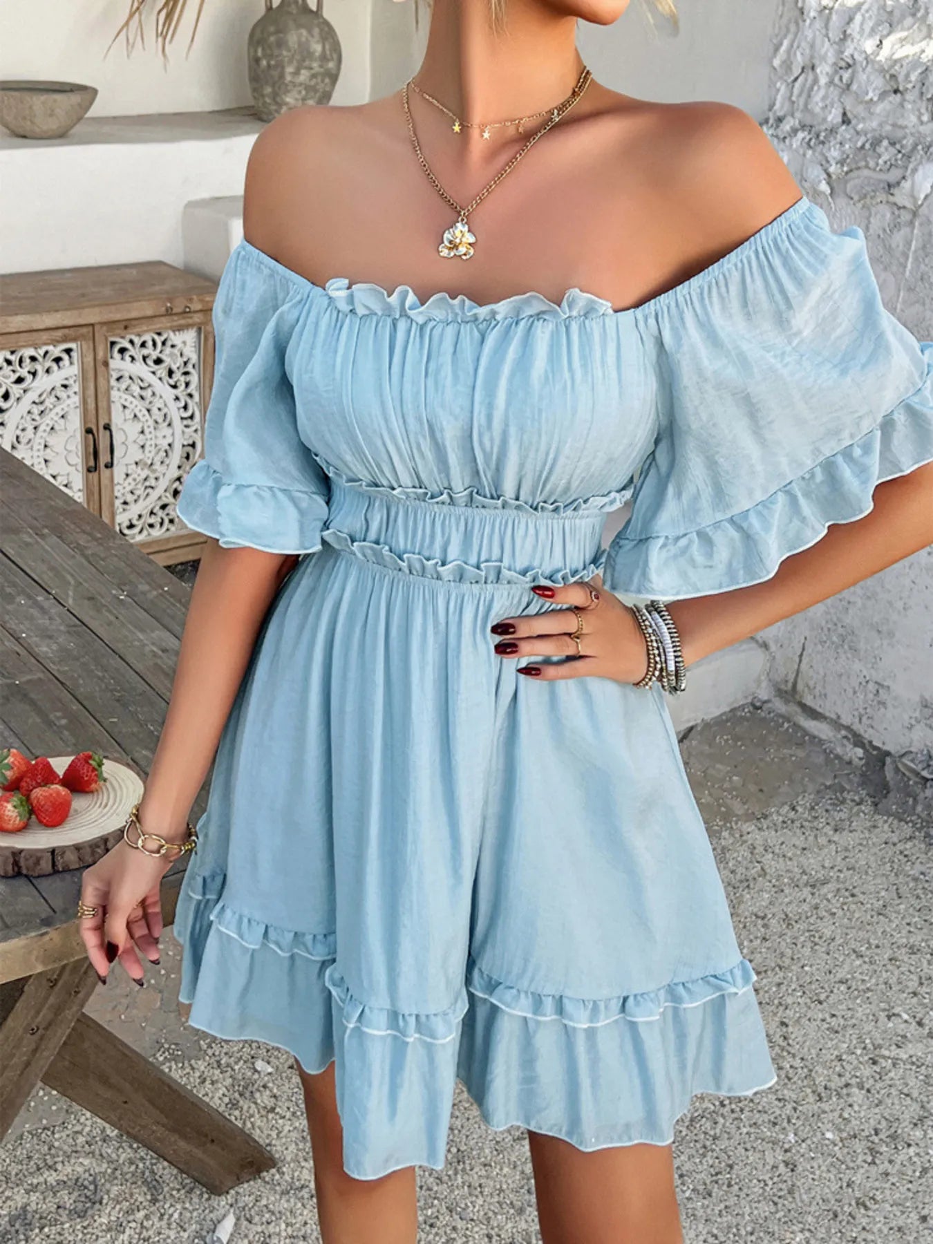 Square Neck Ruffle Trim Mini Dress - -