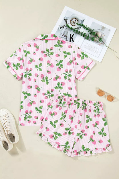 Striped Strawberry Print Lapel Shirt Drawstring Shorts 2pcs Pajama Set- Shopimist- {{Product type}}