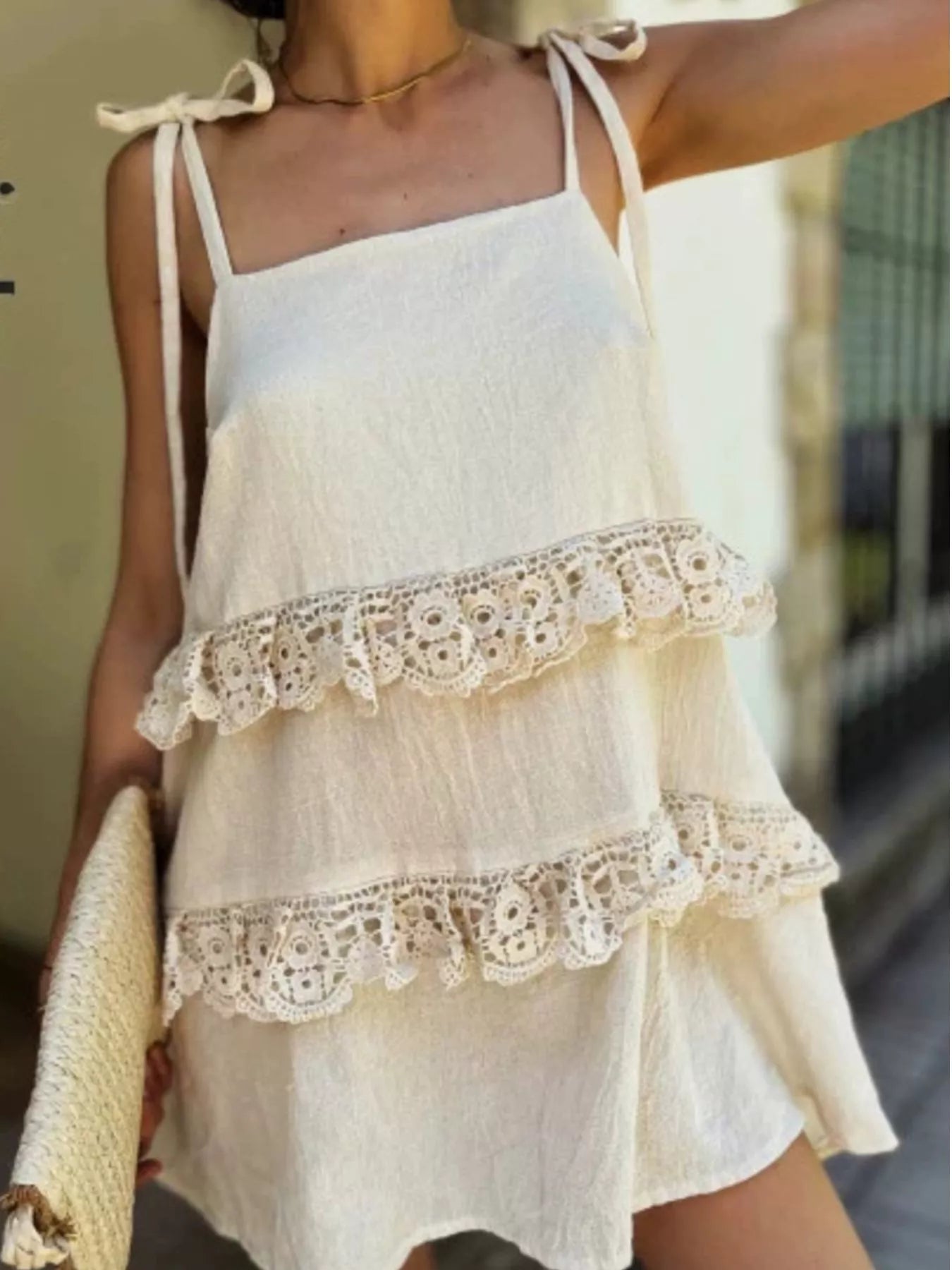 Lace Trim Spaghetti Strap Dress - -