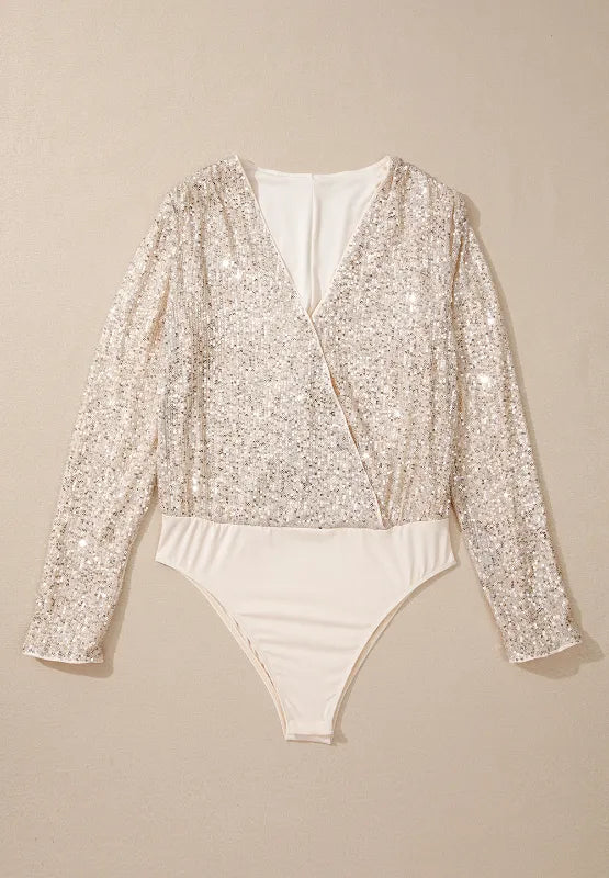 Sequin Surplice Long Sleeve Bodysuit - -