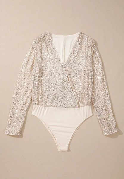 Sequin Surplice Long Sleeve Bodysuit - -