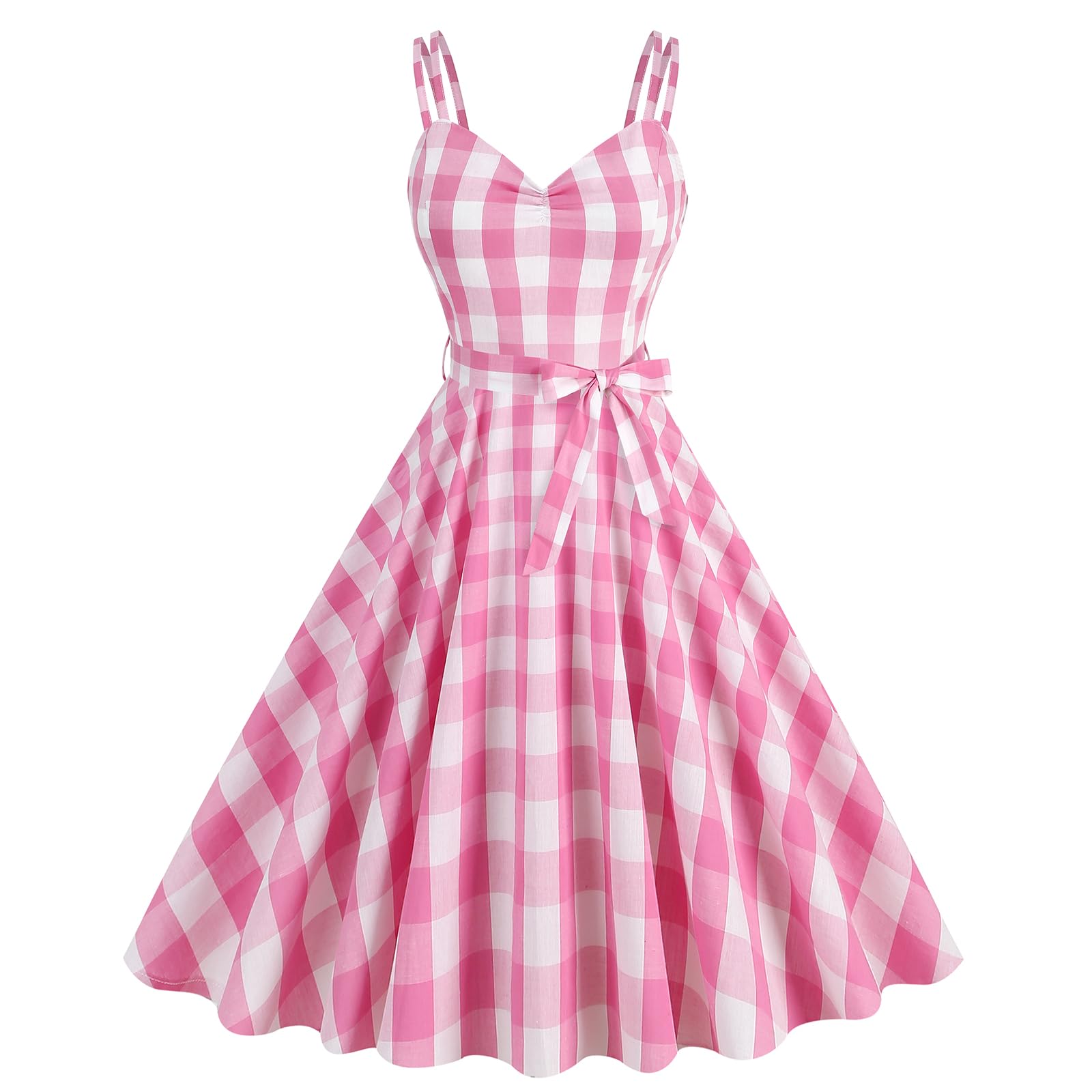 Pink Plaid Retro Frock 1950s Spaghetti Strap - Pink-straps Large - dress
