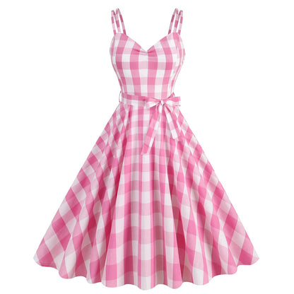 Pink Plaid Retro Frock 1950s Spaghetti Strap - Pink-straps Large - dress