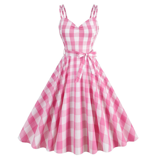 Pink Plaid Retro Frock 1950s Spaghetti Strap - Pink-straps Large - dress