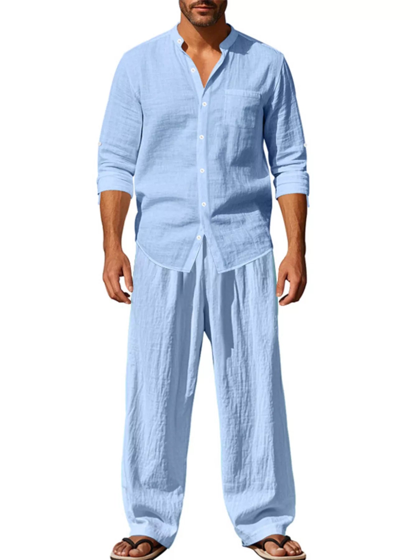 Men's Full Size Button Up Long Sleeve Shirt and Pants Plus Size - Light Blue -