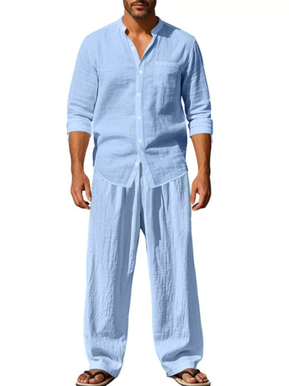 Men's Full Size Button Up Long Sleeve Shirt and Pants Plus Size - Light Blue -