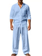 Men's Full Size Button Up Long Sleeve Shirt and Pants Plus Size - Light Blue -