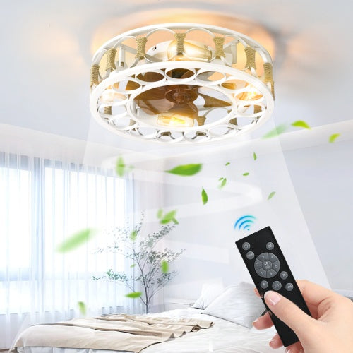 6 Speed White Cage Ceiling Fan With Light Remote Control - - light