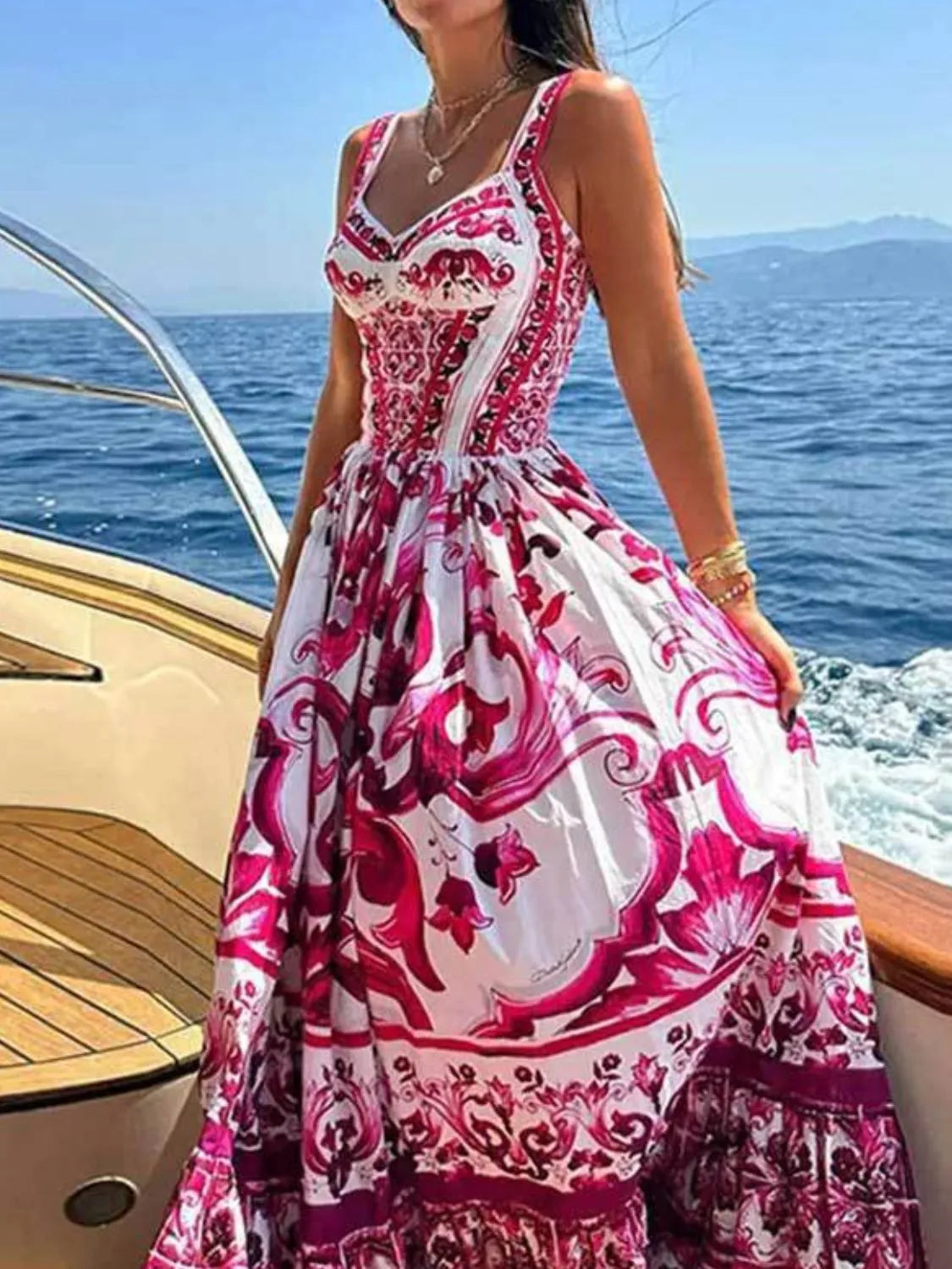 Smocked Printed Wide Strap Dress - -