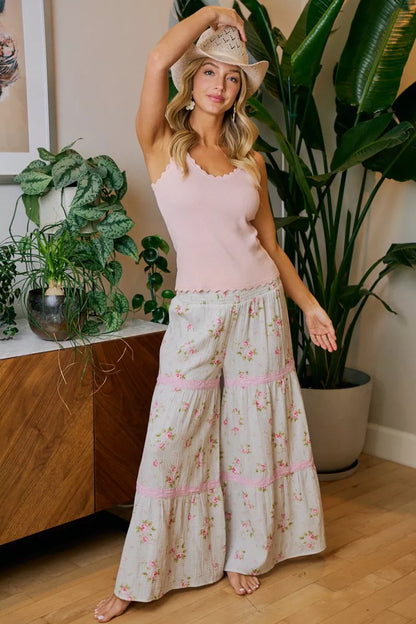 BiBi Rose Printed Gauze Trim Detail Smocked Maxi Pants - -