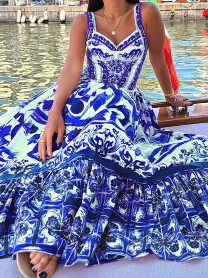 Smocked Printed Wide Strap Dress - -