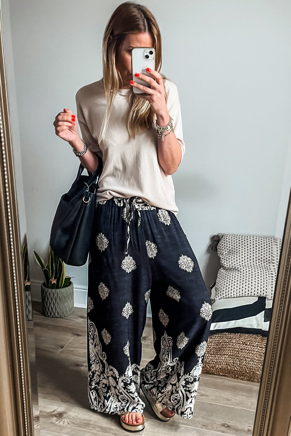Black Bohemian Printed Drawstring Waist Wide Leg Pants - - Bottoms/Pants & Culotte