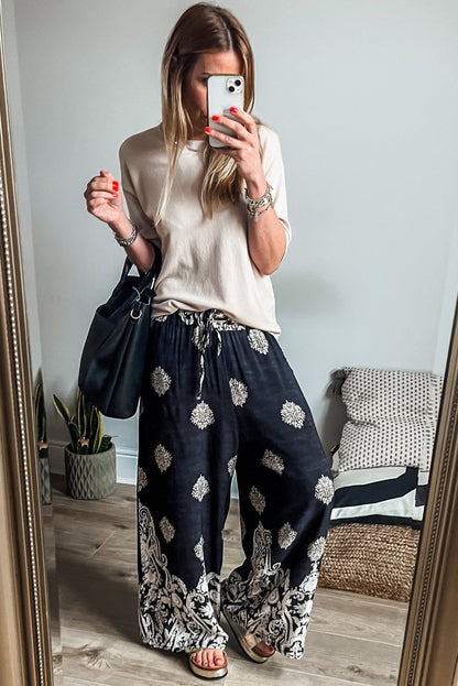 Black Bohemian Printed Drawstring Waist Wide Leg Pants - - Bottoms/Pants & Culotte