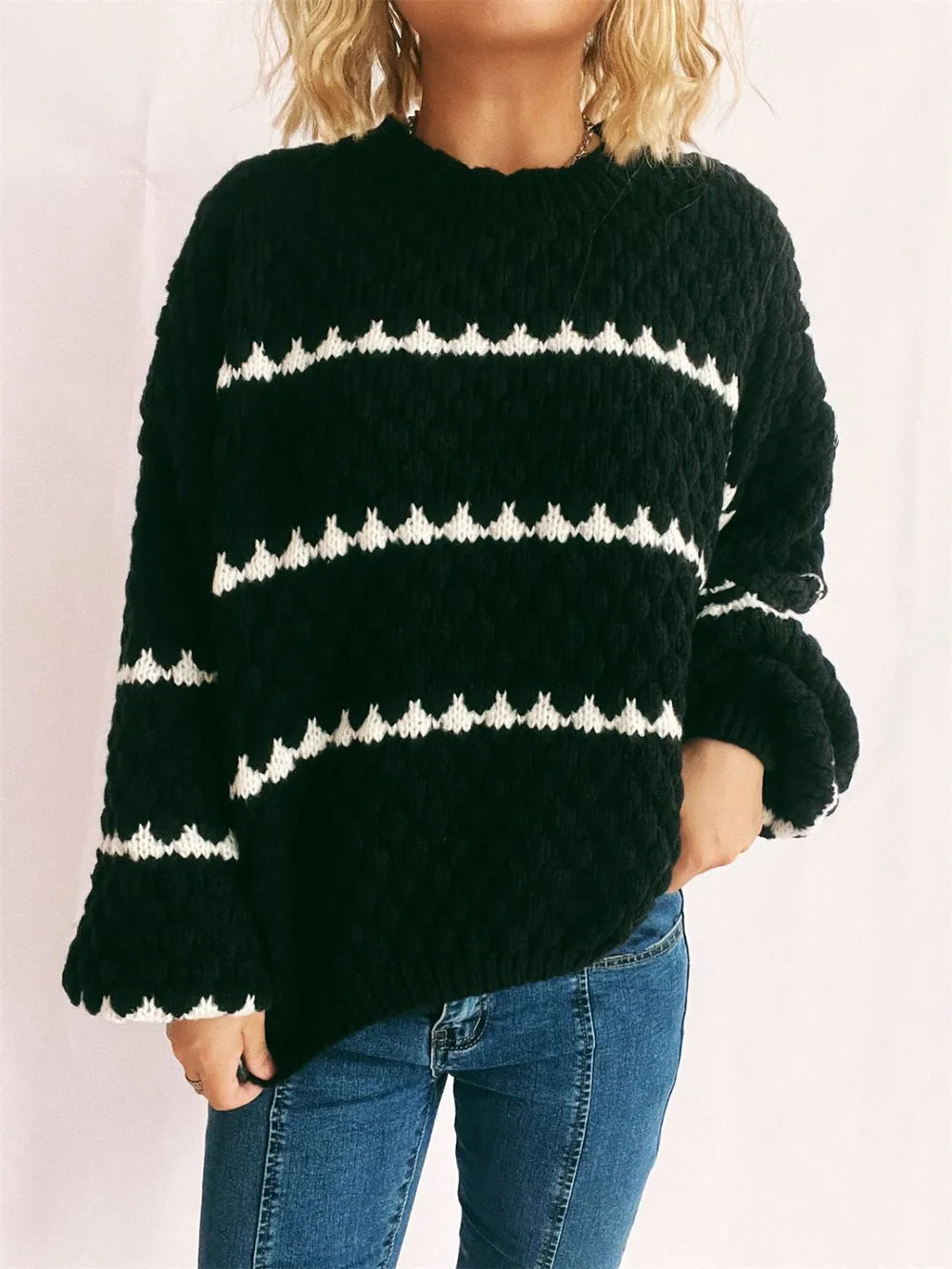 Contrast Stripes Round Neck Long Sleeve Sweater - -