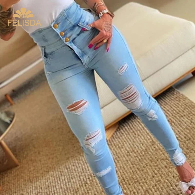 Ripped Jeans High Waist Casual Long Pant Denim Jeans for Women