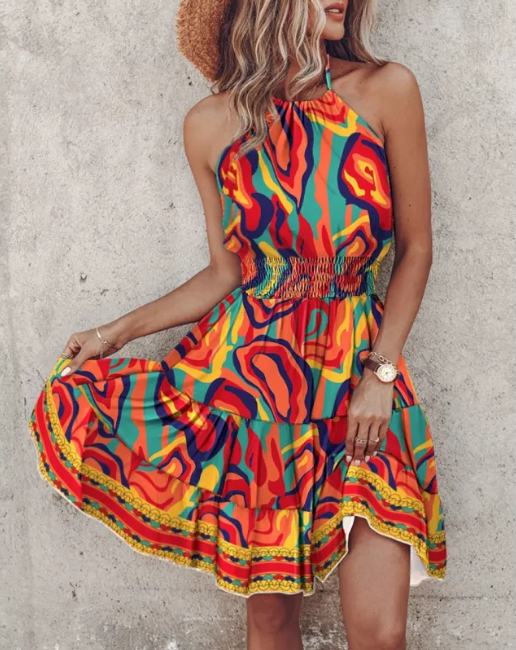 Summer Chic Halter Dress - European & American Print - - dress