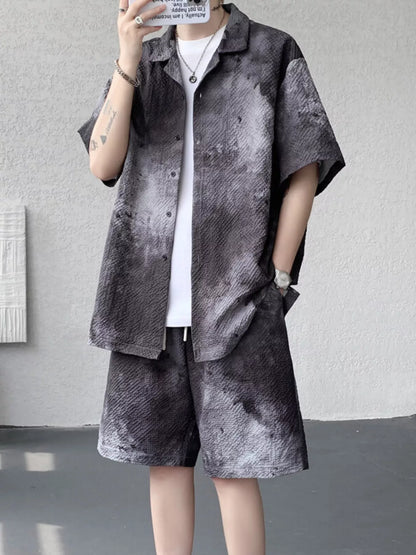 Men's Plus Size Tie-Dye Print Shirt and Shorts Set - Black -