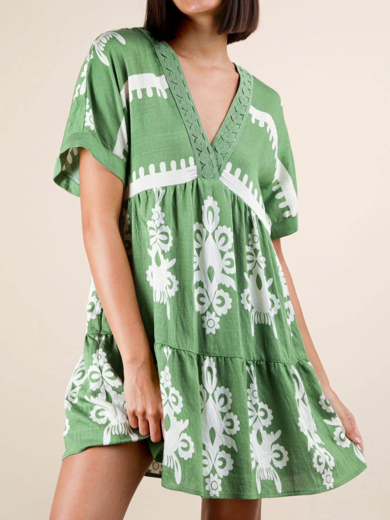 Printed V-Neck Short Sleeve Mini Dress - -