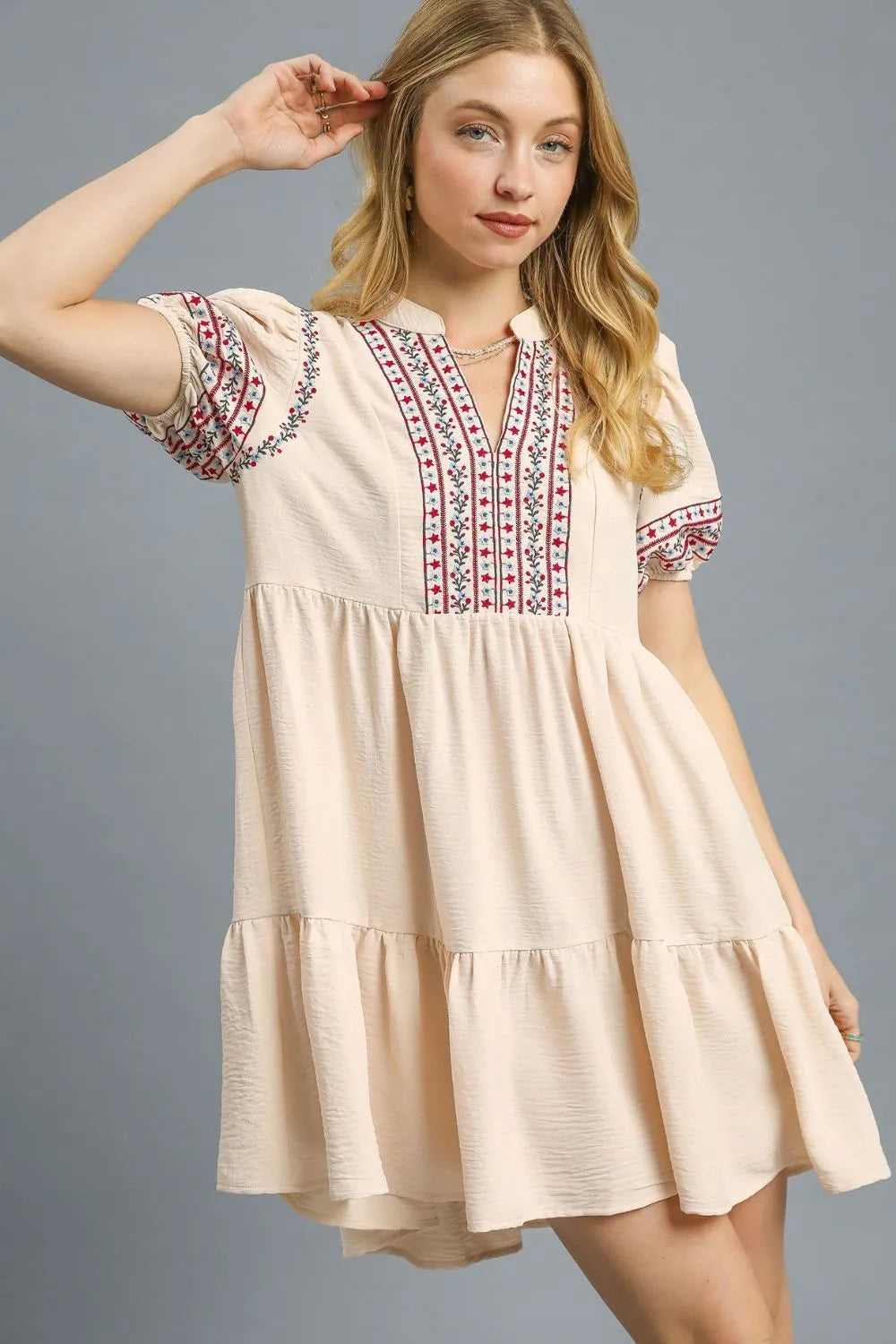 Umgee Floral Trim Puff Sleeve Mini Dress - Tan -