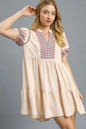 Umgee Floral Trim Puff Sleeve Mini Dress - Tan -
