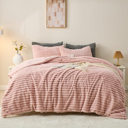 Simple&Opulence Pink Striped Faux Fur Comforter Set - Striped - Pink Queen - blanket