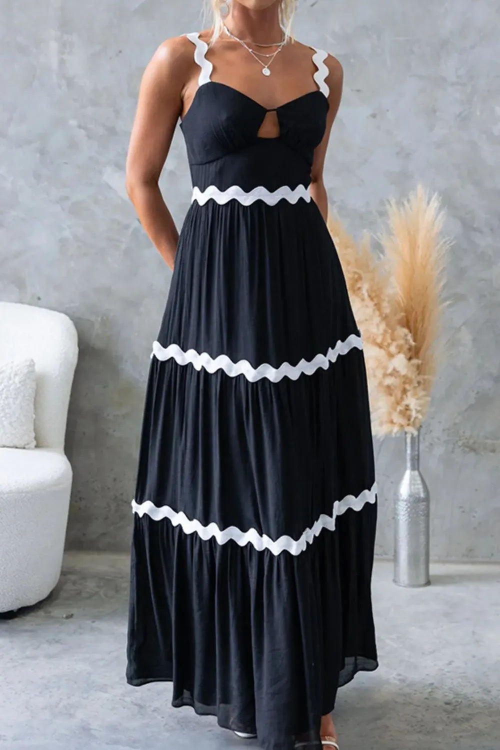 Tiered Maxi Dress with Scalloped Trim - -