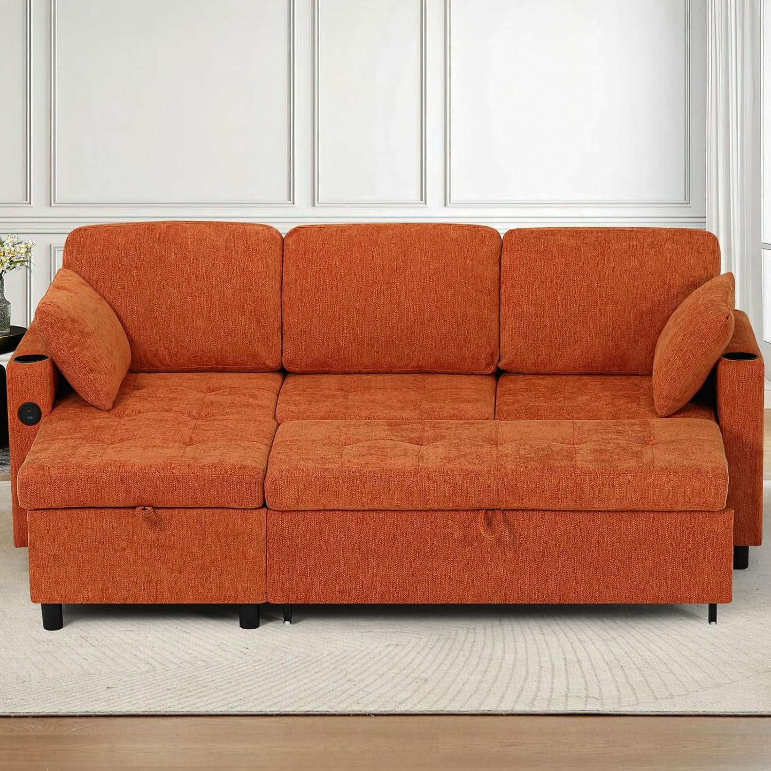 84Inches BrightOrange Chenille Pullout Sofa Bed USBPort- ShipItFurniture- {{Product type}}