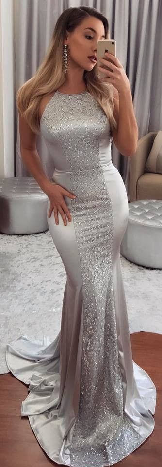 Glamour Satin Halter Gown - - dress
