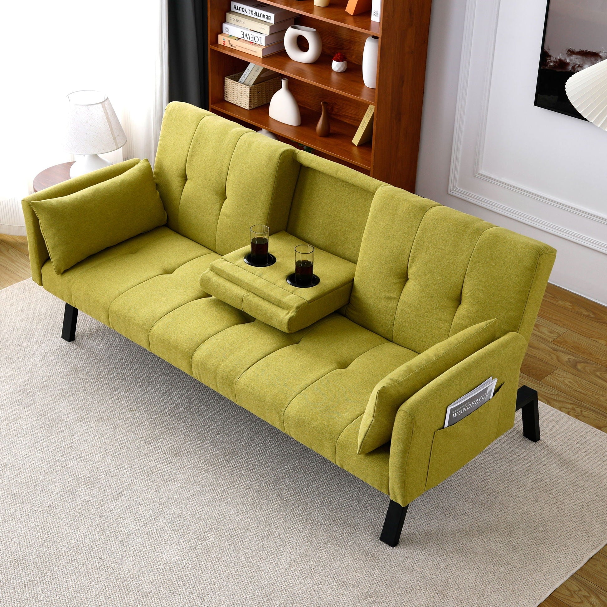 Sofa Bed With Foldable Design And Cup Holder - Green- Unique Piece Furniture- {{Product type}}