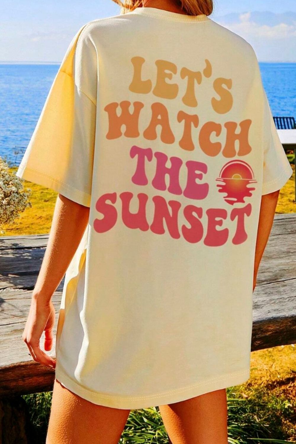 LET'S WATCH THE SUNSET Round Neck T-Shirt - Khaki - Clothing & Fashion