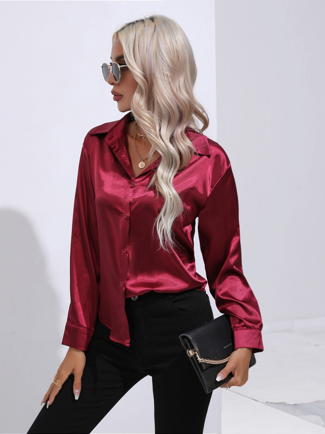 Collared Neck Buttoned Long Sleeve Shirt - -